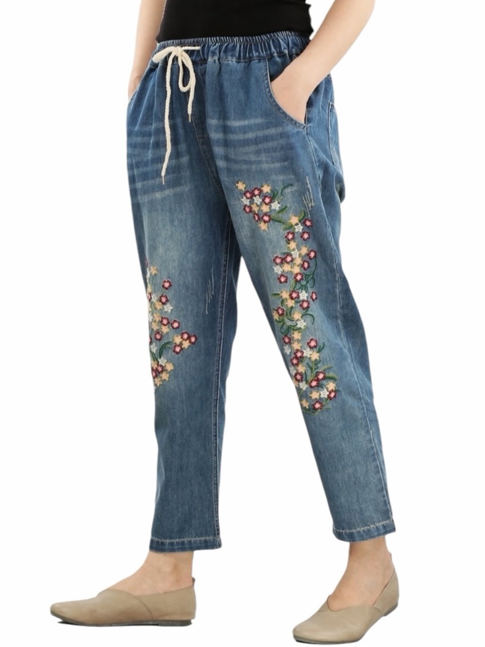 Aitailan Floral Embroidery Elastic Waist High Rise Boyfriend Crop Jeans‎ Large - Picture 2 of 10